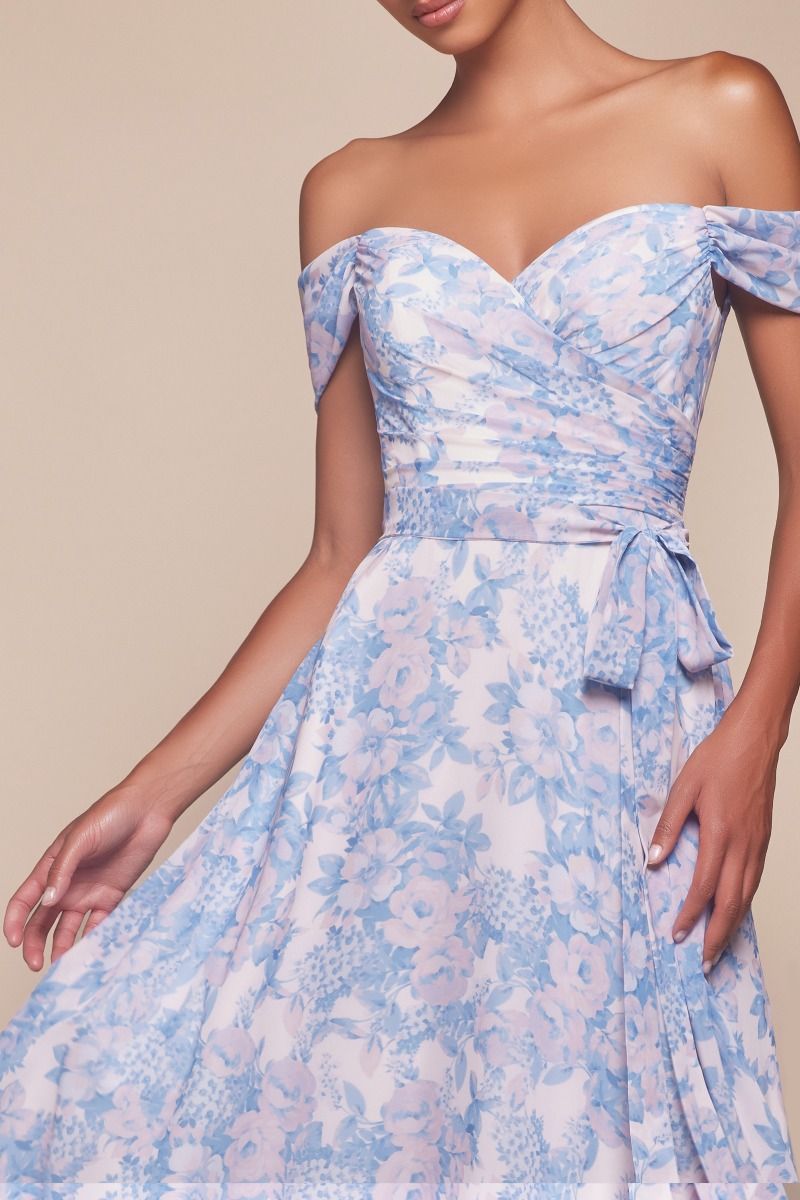 OFF THE SHOULDER FLORAL PRINTED A-LINE DRESS 7441