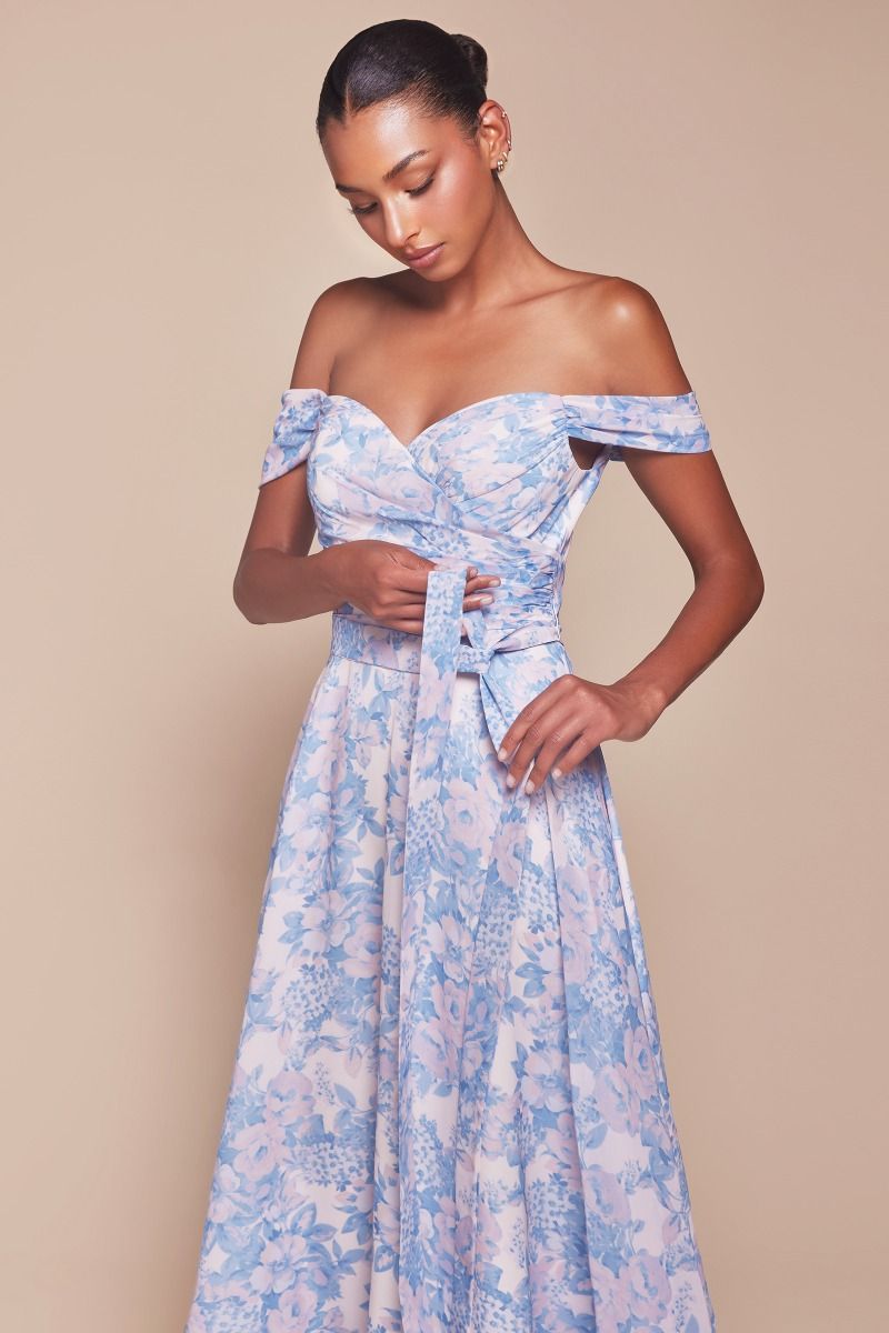 OFF THE SHOULDER FLORAL PRINTED A-LINE DRESS 7441