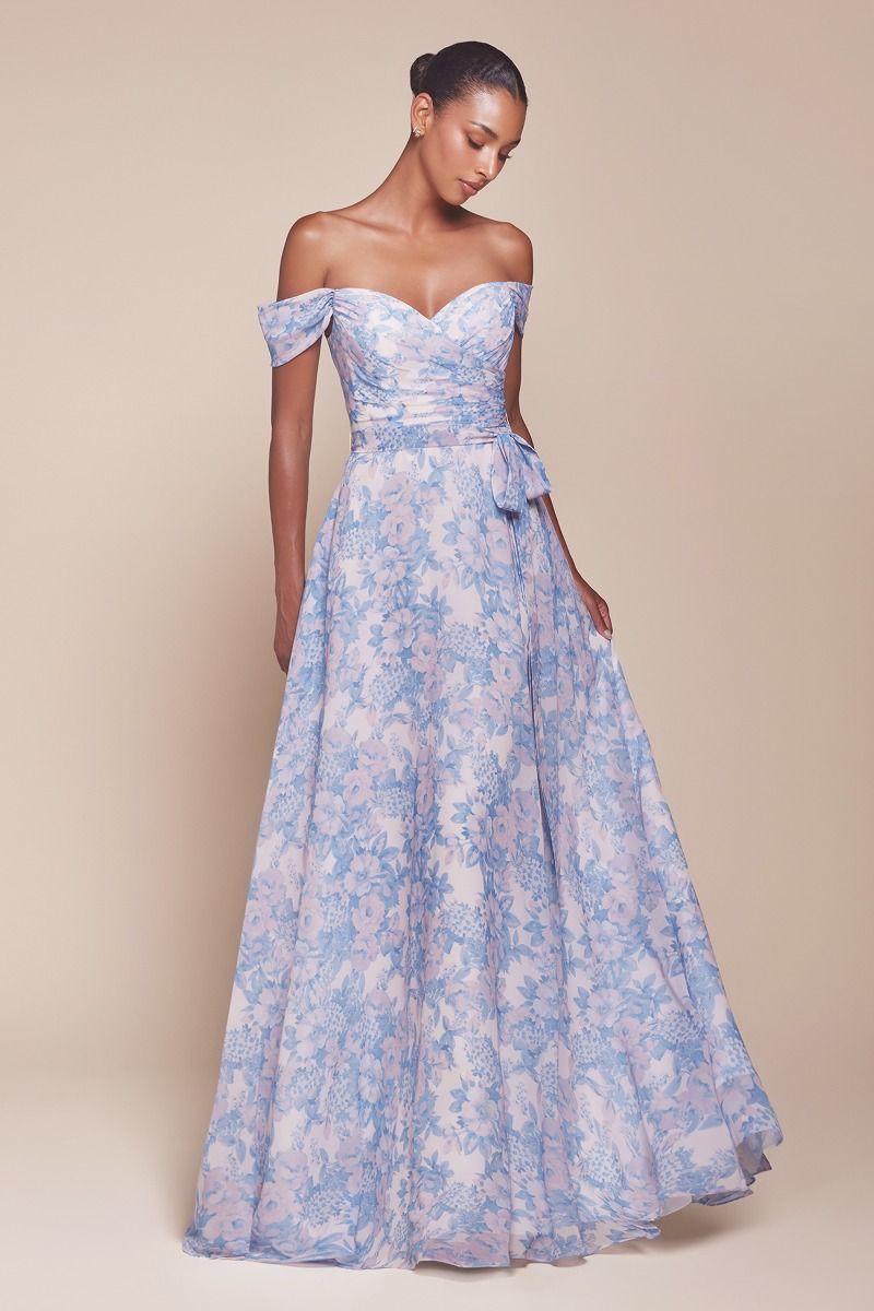 OFF THE SHOULDER FLORAL PRINTED A-LINE DRESS 7441