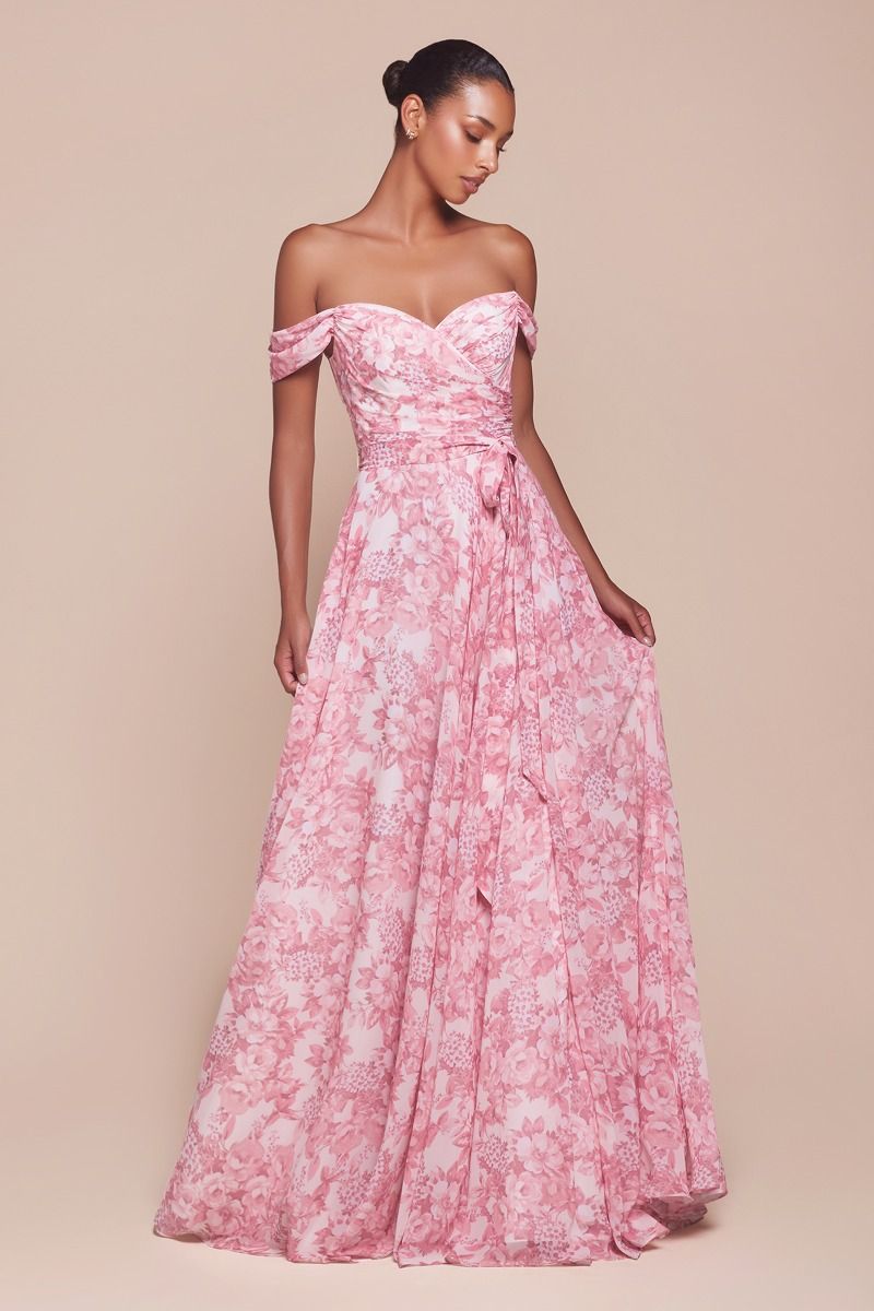 OFF THE SHOULDER FLORAL PRINTED A-LINE DRESS 7441