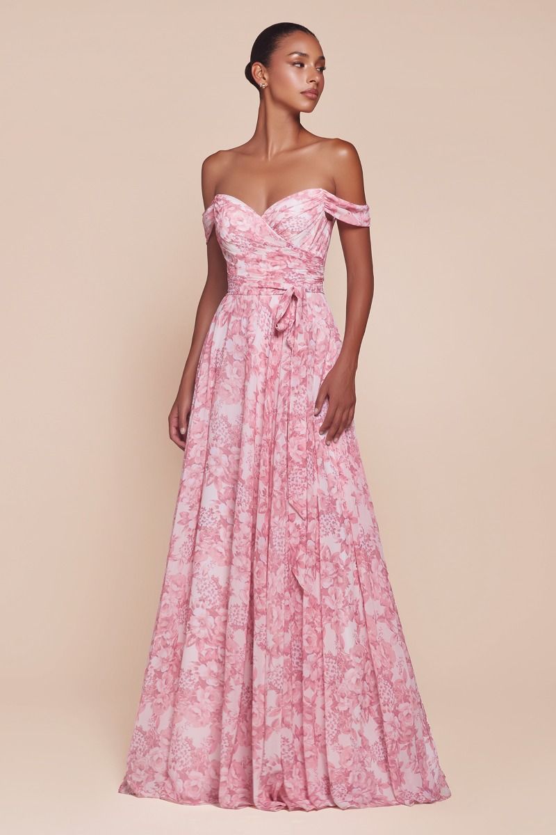 OFF THE SHOULDER FLORAL PRINTED A-LINE DRESS 7441