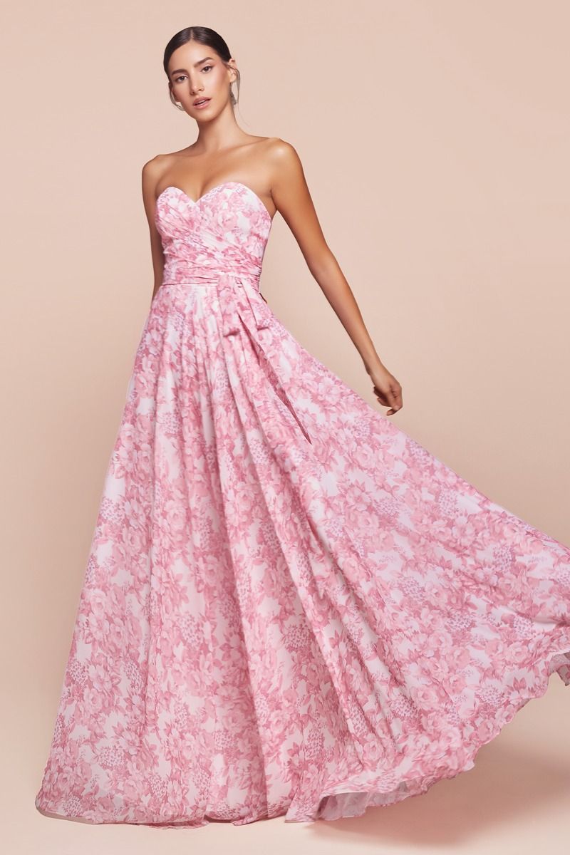 STRAPLESS A-LINE FLORAL SATIN DRESS 7443