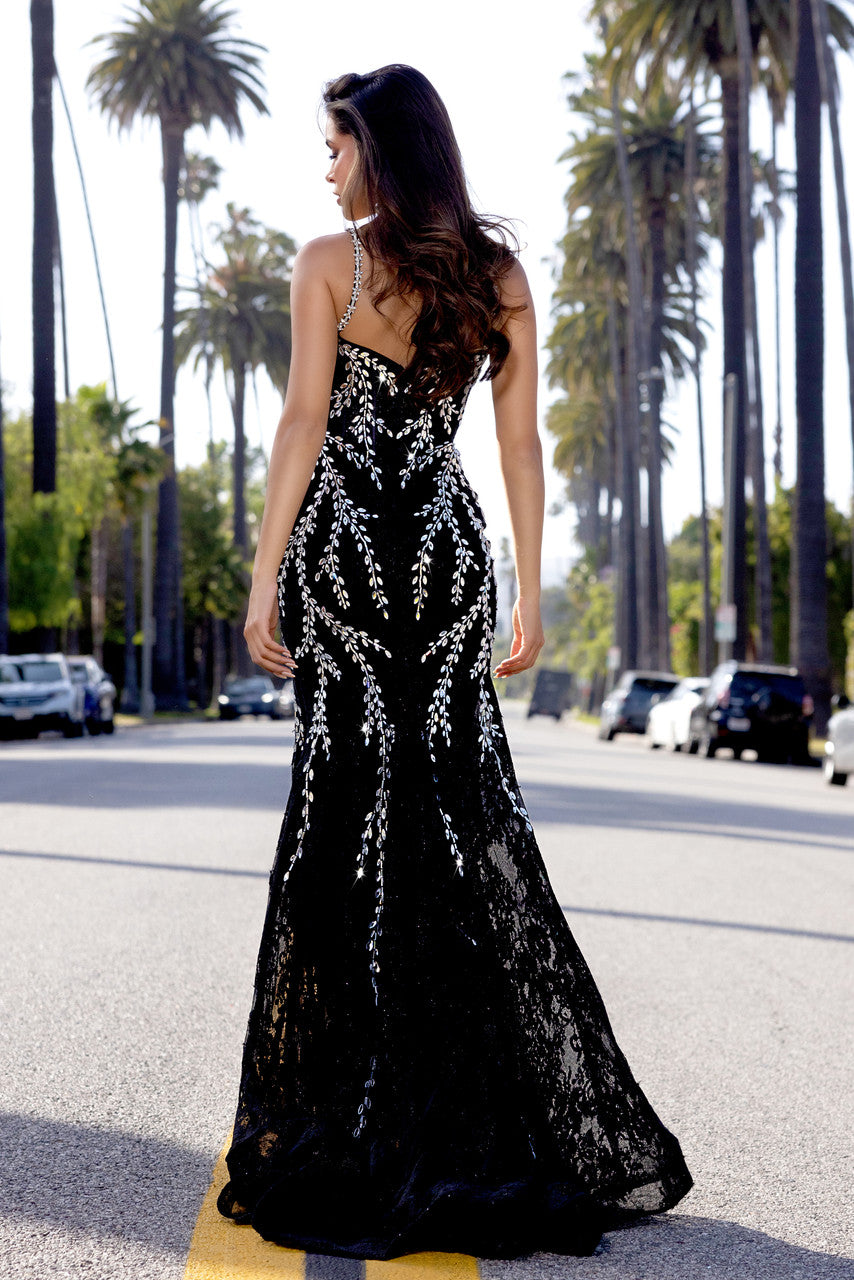 Elegant Lace Evening Gown with Sparkling Embellishments PS25150