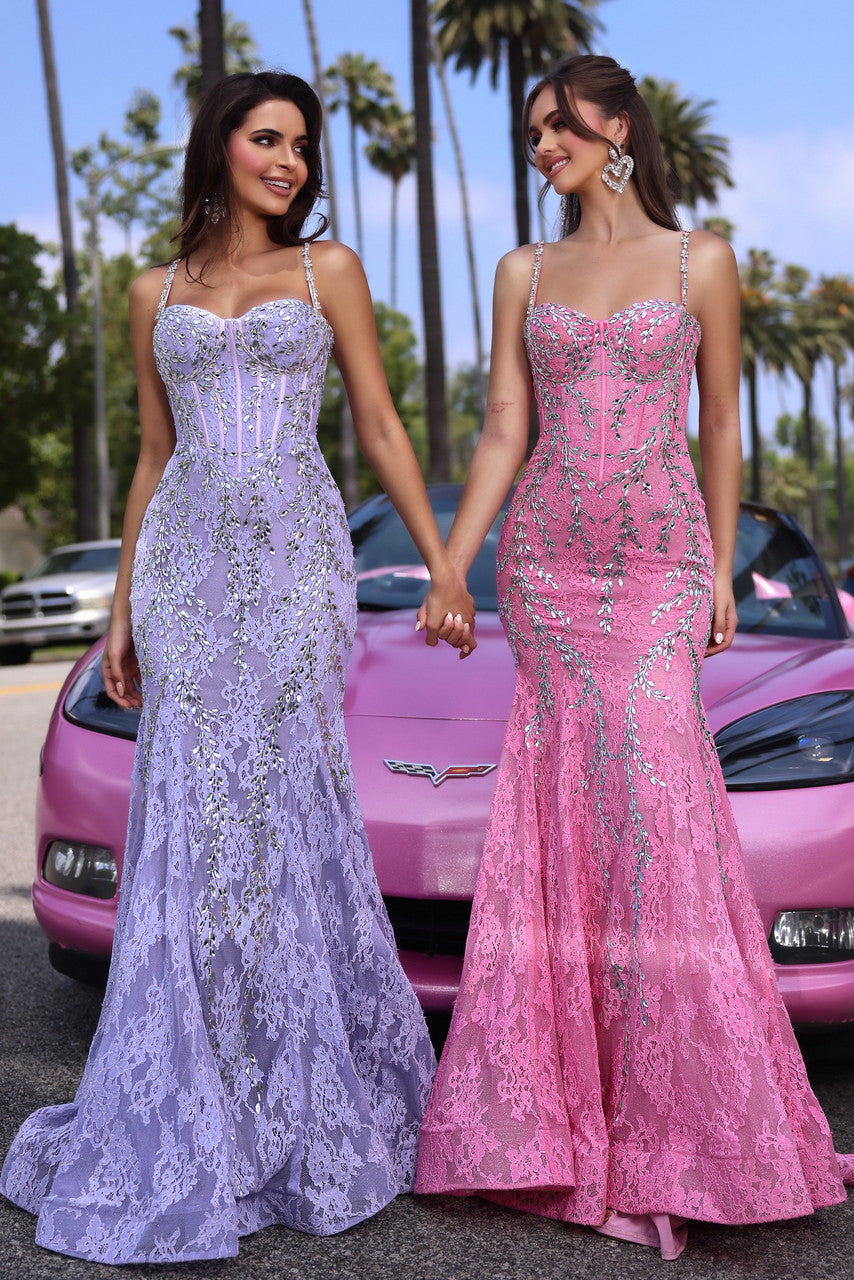 Elegant Lace Evening Gown with Sparkling Embellishments PS25150