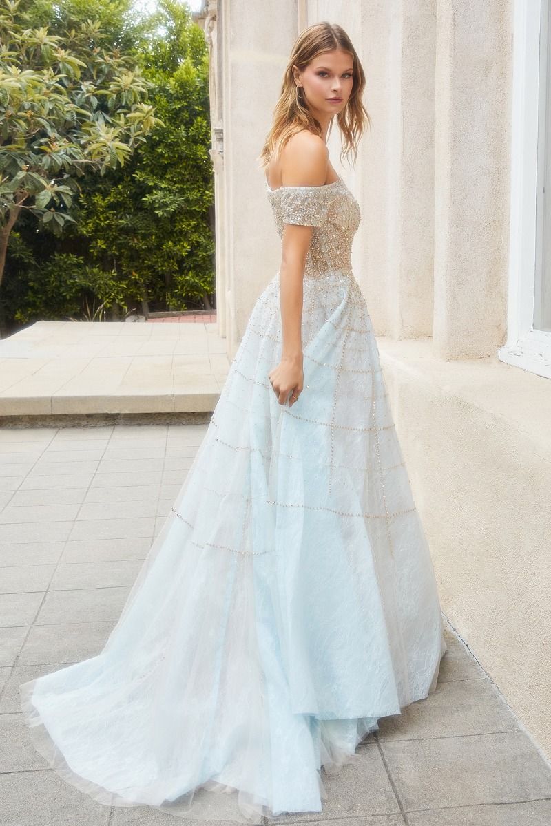 OFF THE SHOULDER MODERN BEADED BALL GOWN A0724
