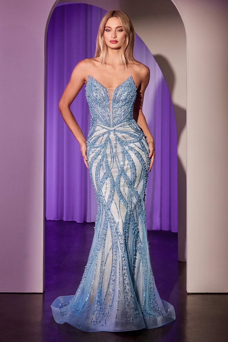 PEARL & CRYSTAL STRAPLESS FITTED DRESS CC0688