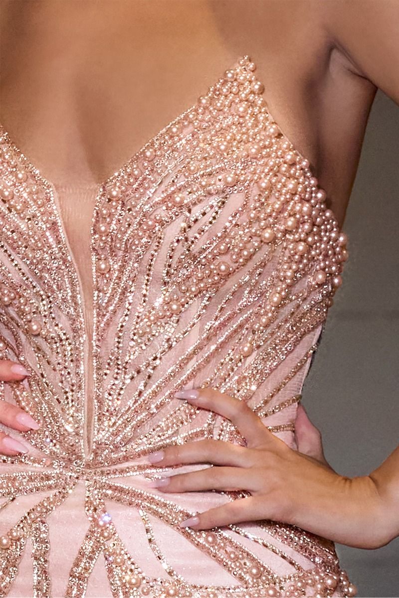 PEARL & CRYSTAL STRAPLESS FITTED DRESS CC0688