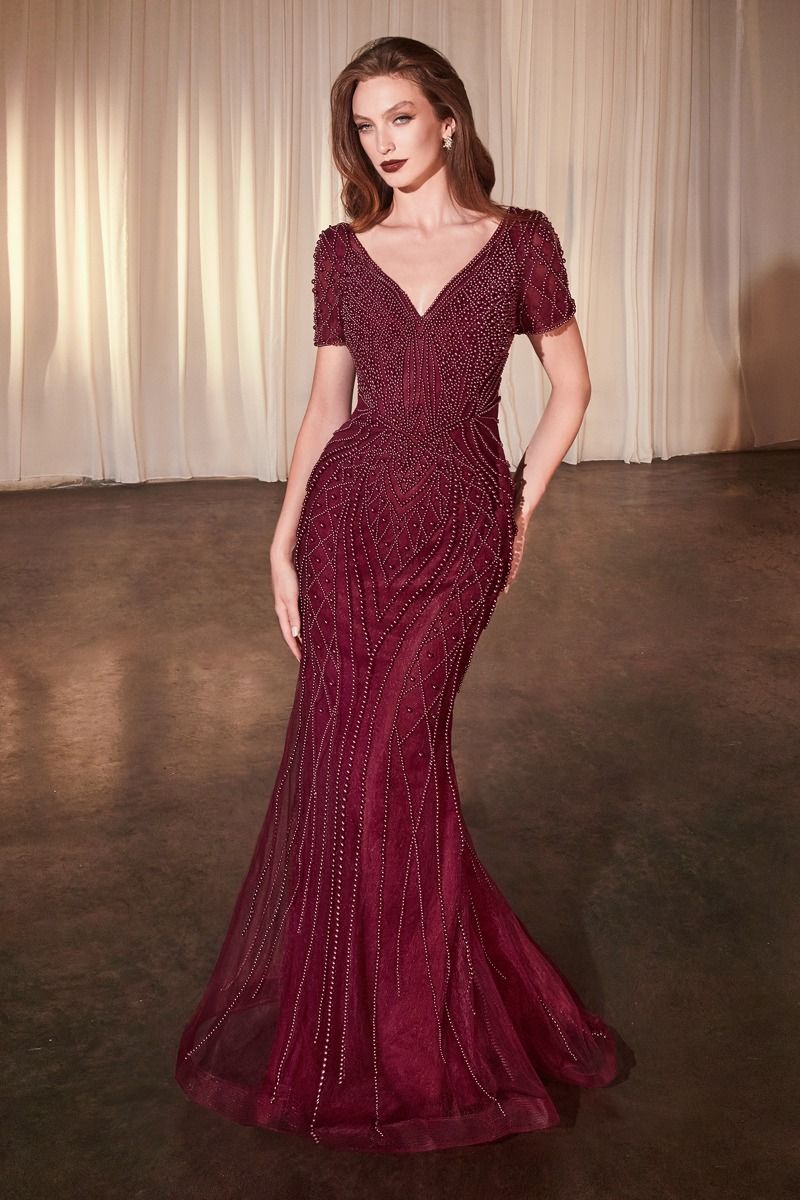 SHORT SLEEVE BEADED FIT & FLARE GOWN CC4019