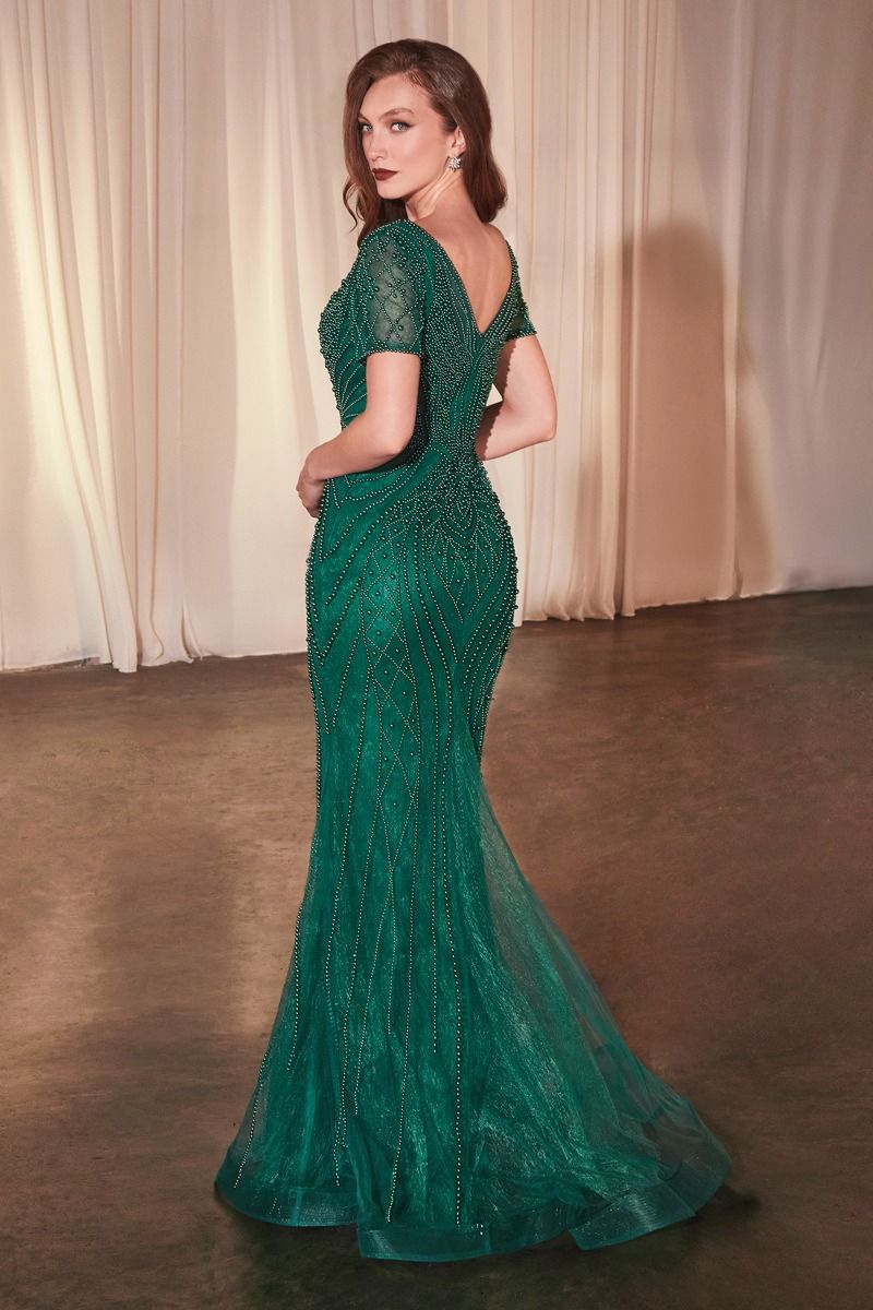 SHORT SLEEVE BEADED FIT & FLARE GOWN CC4019