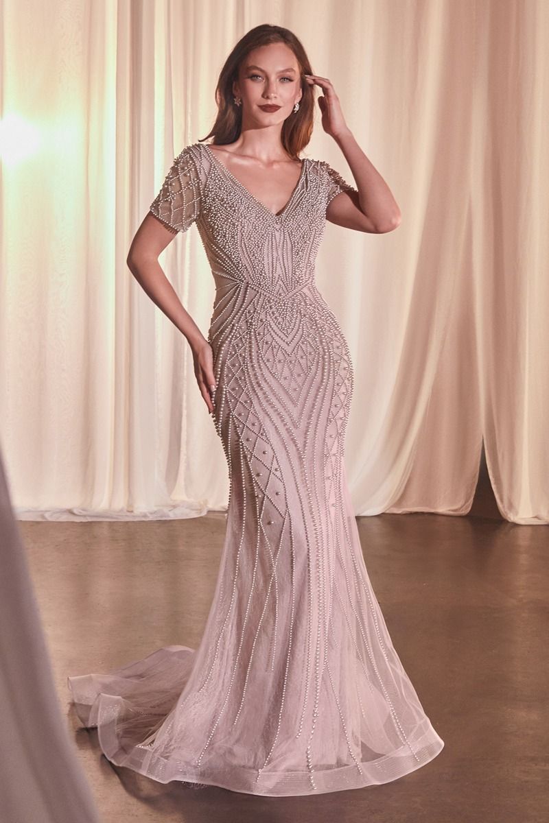 SHORT SLEEVE BEADED FIT & FLARE GOWN CC4019
