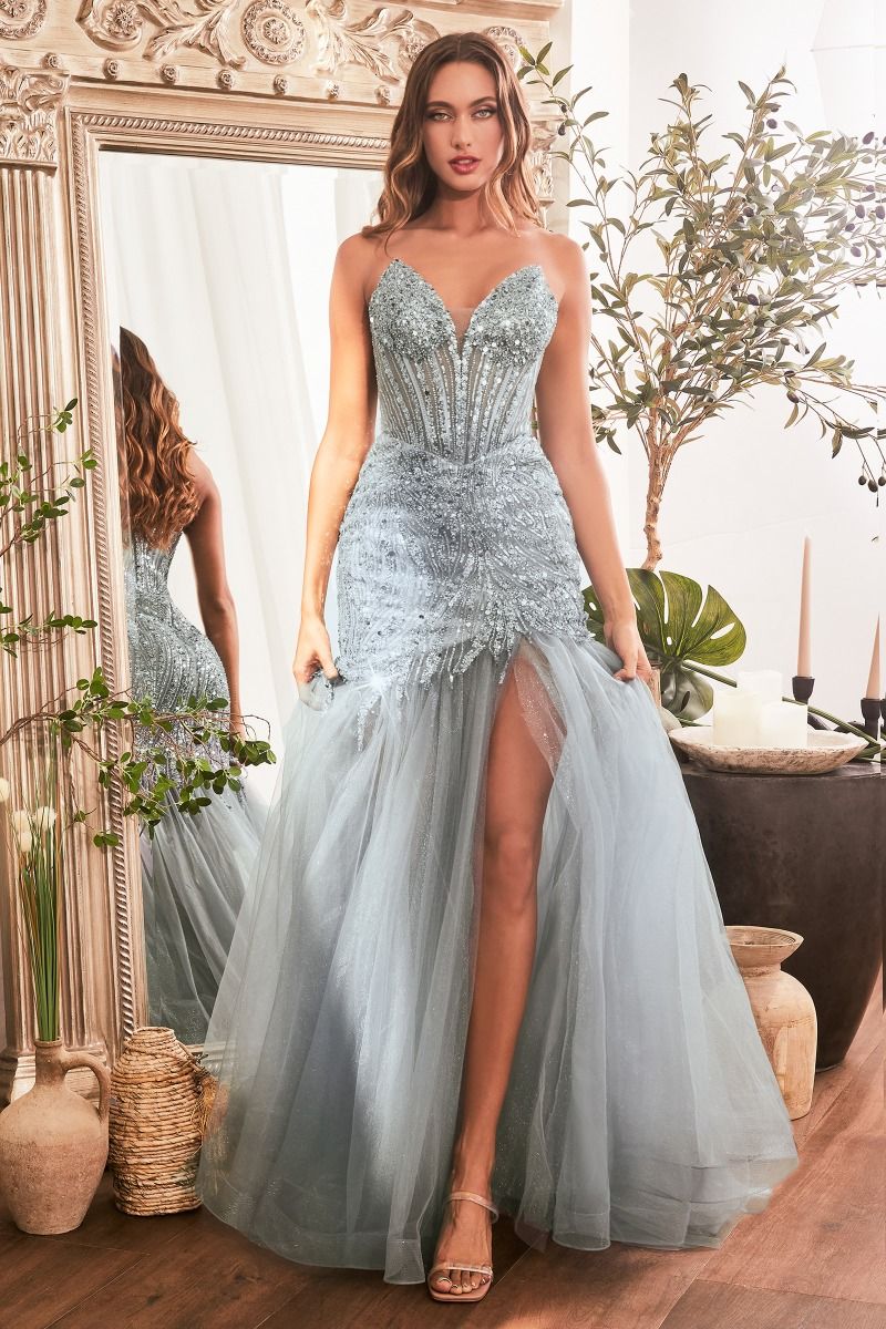 Sequin Corset Evening Gown with Thigh-High Slit