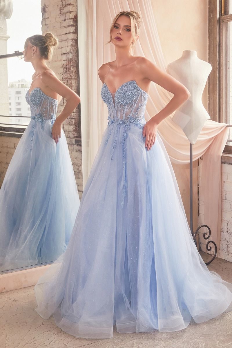CD0230 STRAPLESS LAYERED TULLE BALL GOWN