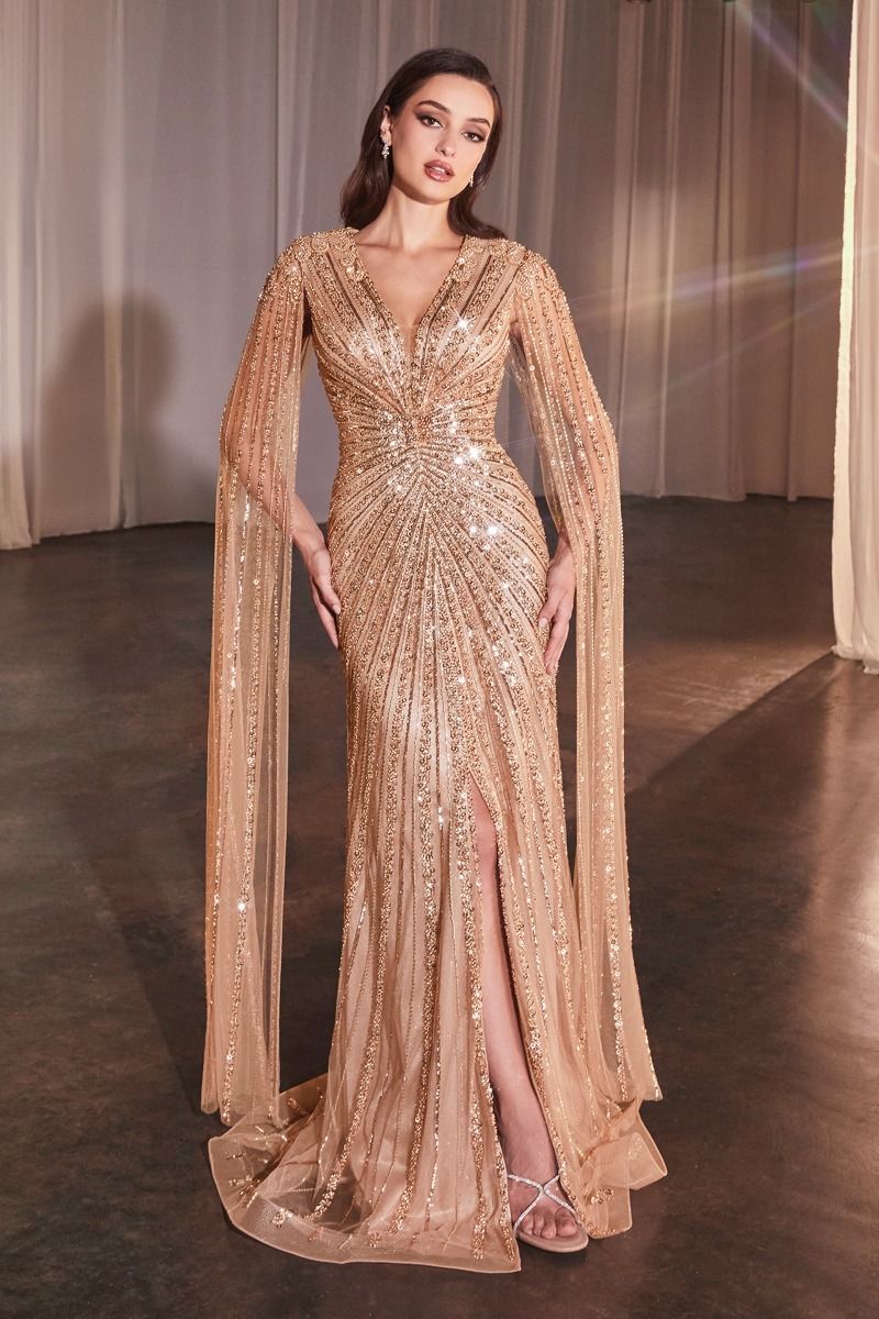 LONG SLEEVE FULLY BEADED SHEATH GOWN CD0239