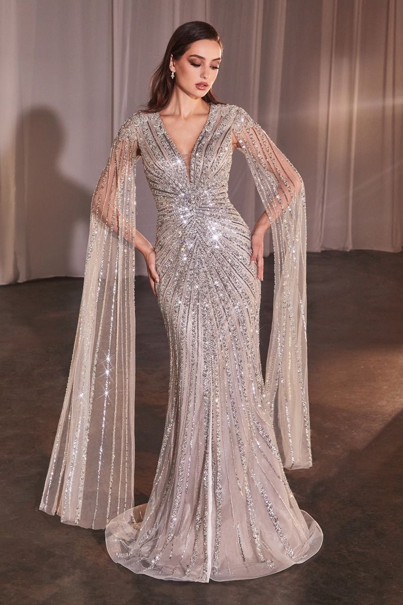 LONG SLEEVE FULLY BEADED SHEATH GOWN CD0239