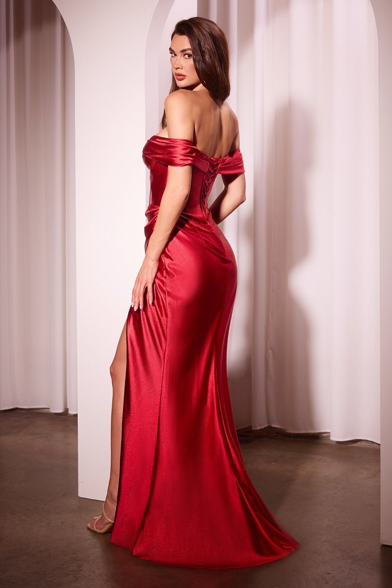 SATIN OFF THE SHOULDER FITTED GOWN CD370
