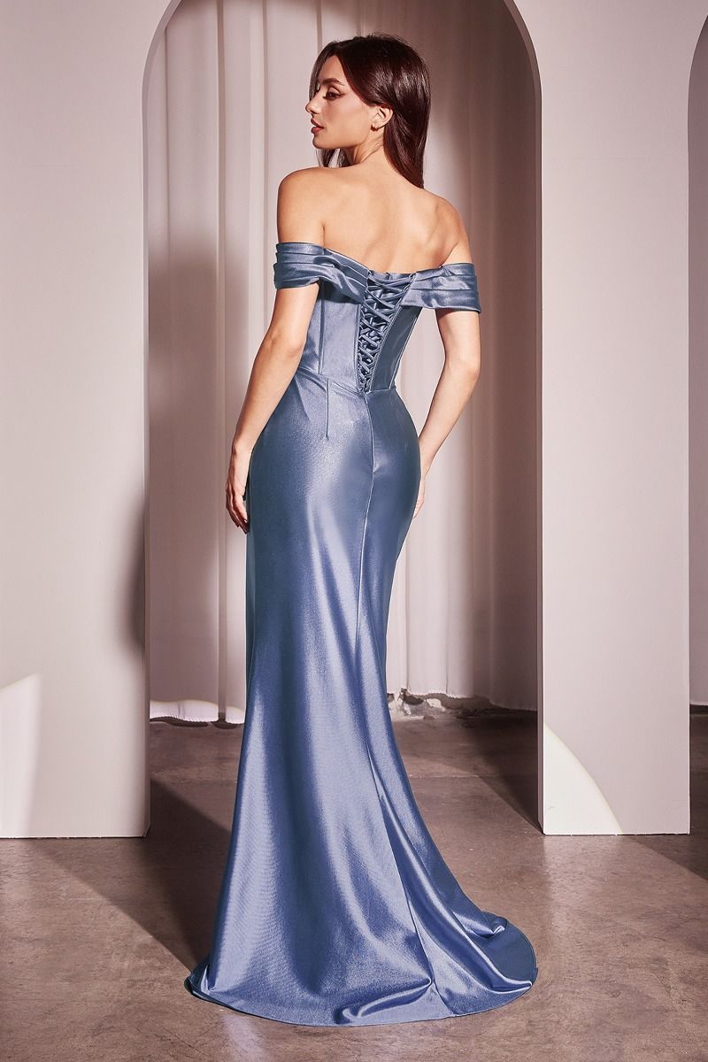 SATIN OFF THE SHOULDER FITTED GOWN CD370