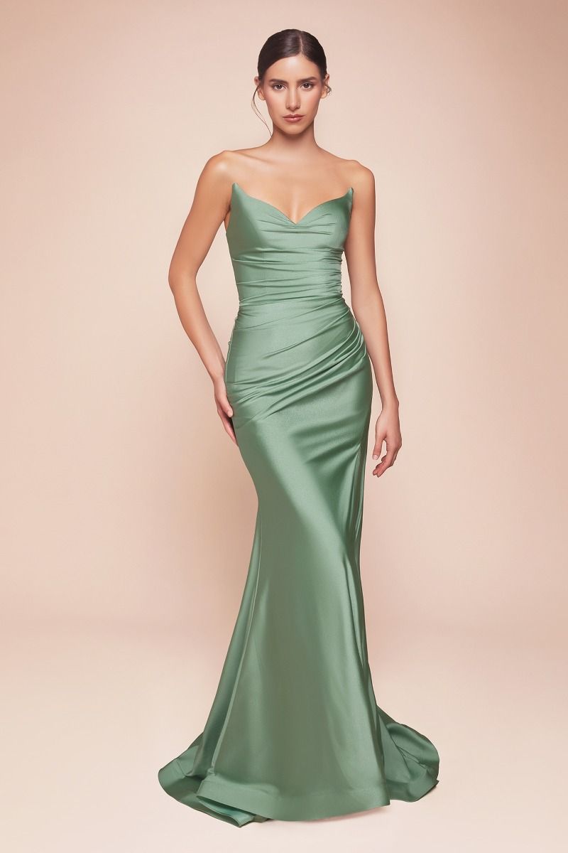 STRAPLESS STRETCH SATIN FITTED GOWN CD791
