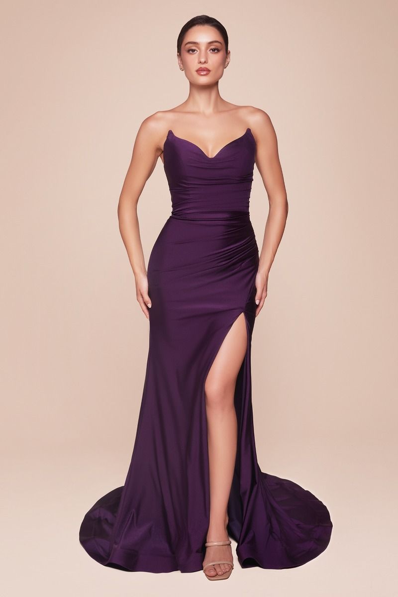 STRAPLESS STRETCH SATIN FITTED GOWN CD791