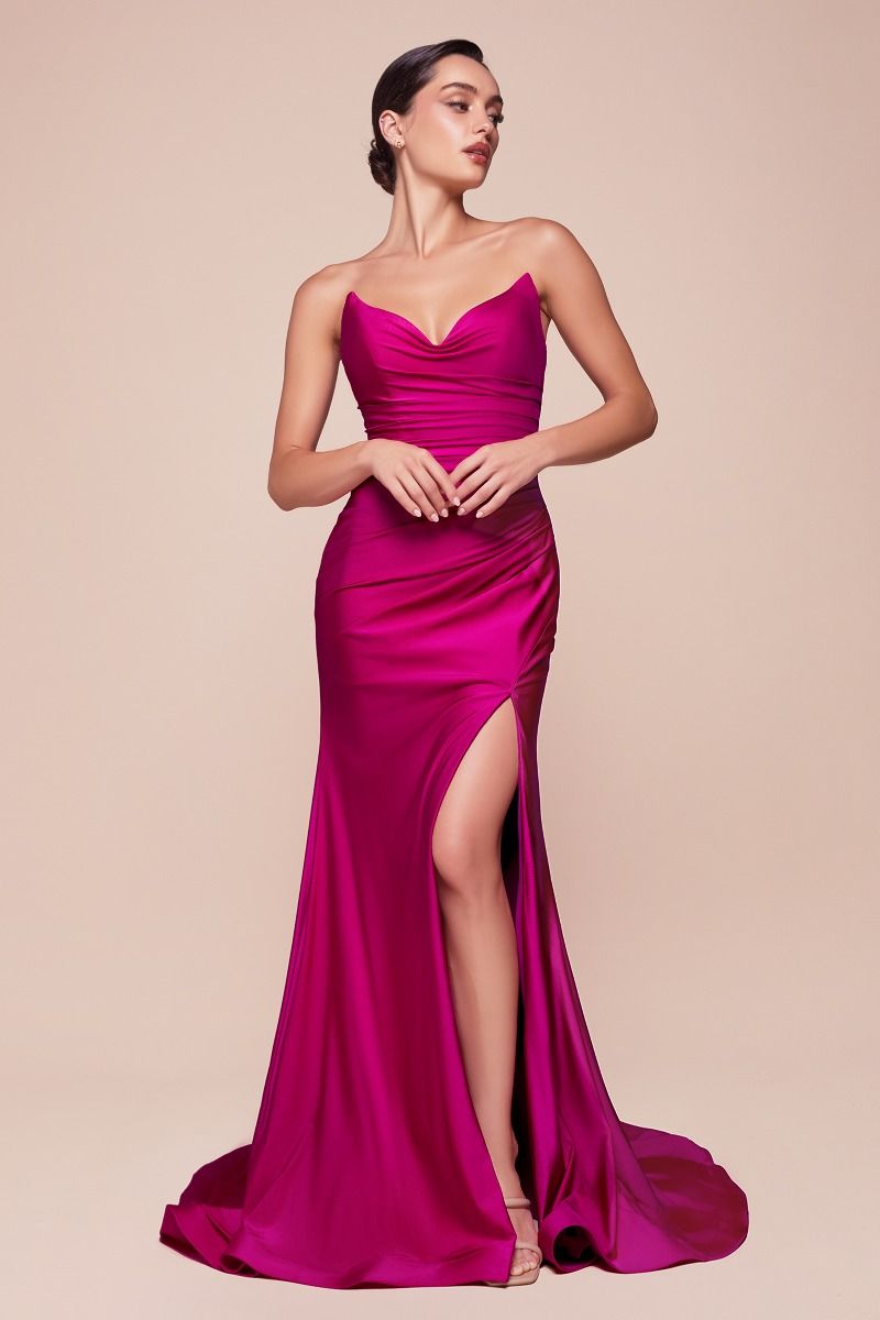 STRAPLESS STRETCH SATIN FITTED GOWN CD791