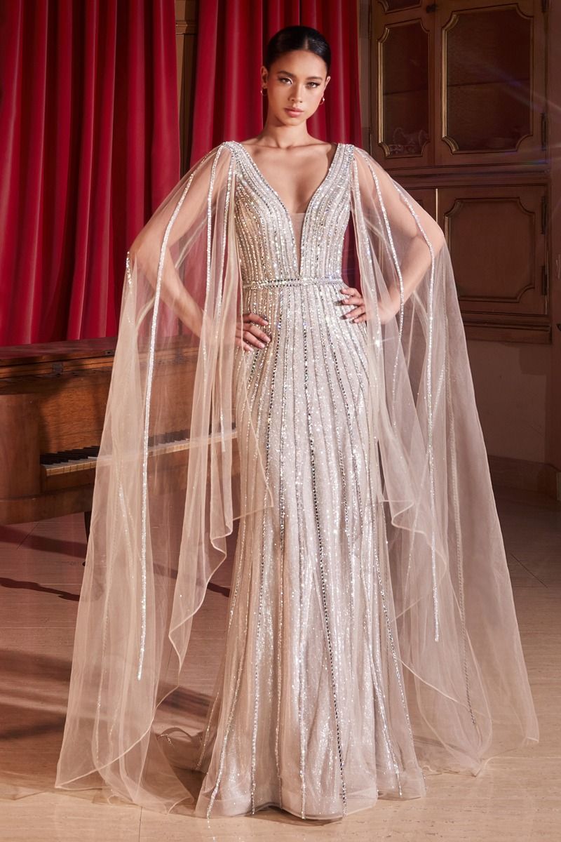 EMBELLISHED LONG CAPE SLEEVE GOWN CD865
