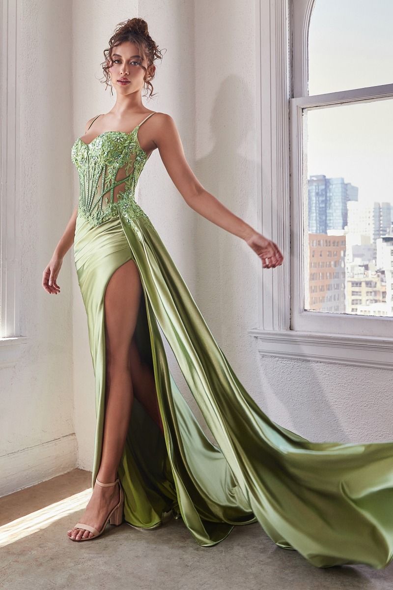 EMBELLISHED LACE & SATIN FITTED GOWN CD868