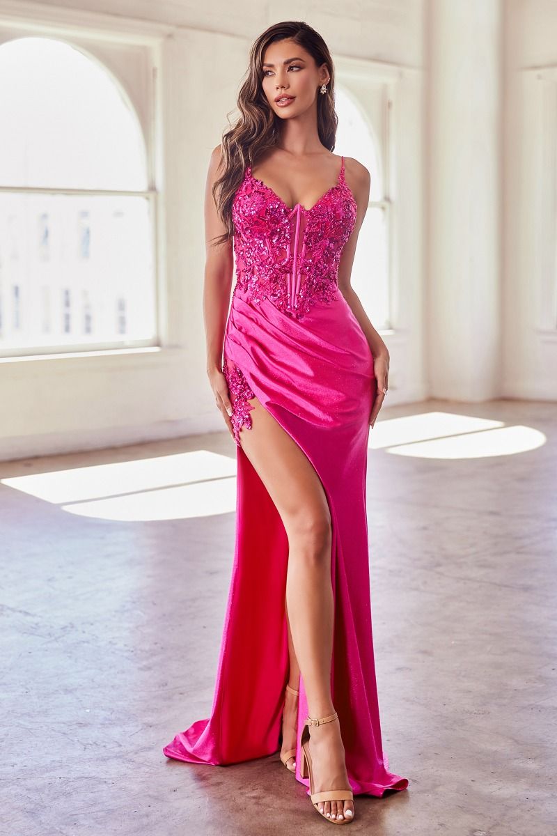 STRETCH SATIN GLITTER & LACE FITTED GOWN CDS439