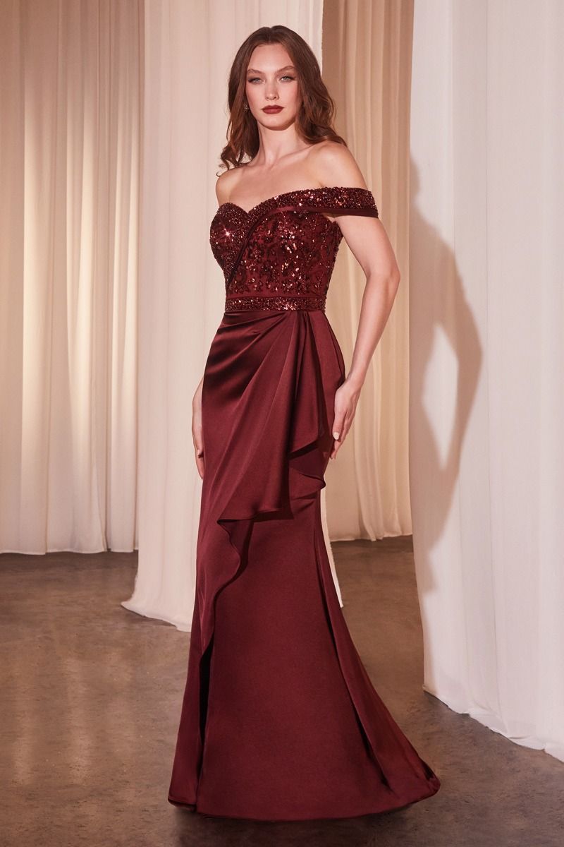 OFF THE SHOULDER SATIN & BEADED GOWN CR877