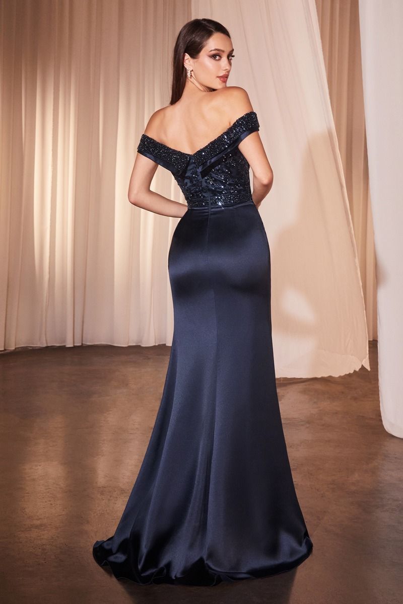 OFF THE SHOULDER SATIN & BEADED GOWN CR877