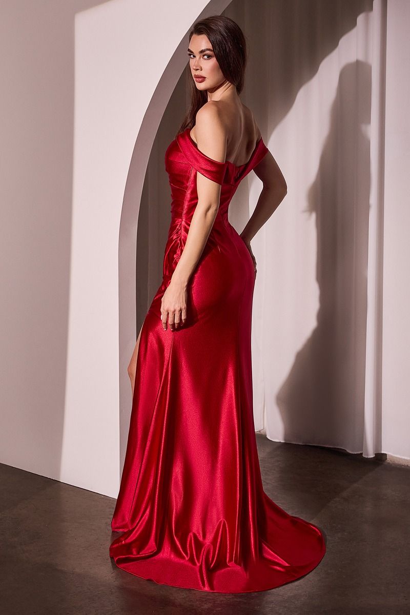 V-Neck Satin Gown with Pleated Off-Shoulder Detail Marigold