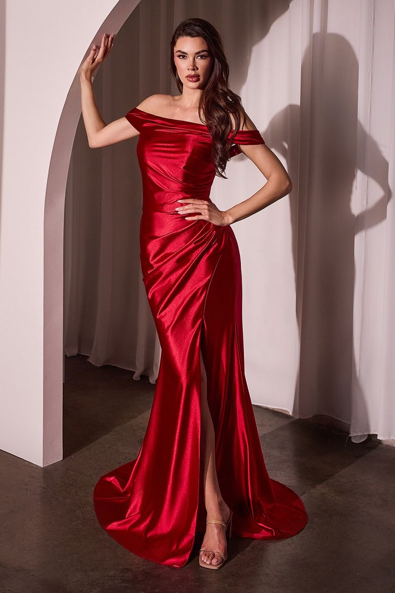 GLISTENING SATIN OFF THE SHOULDER GOWN J877