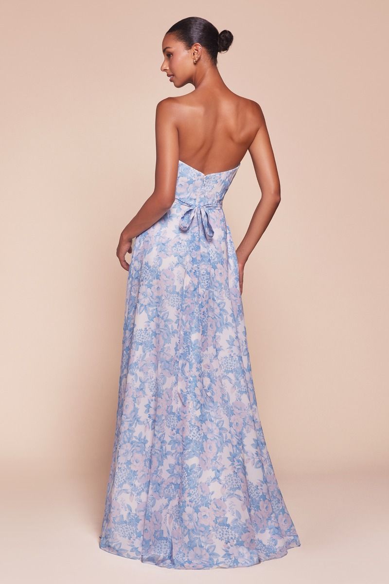 STRAPLESS A-LINE FLORAL SATIN DRESS 7443