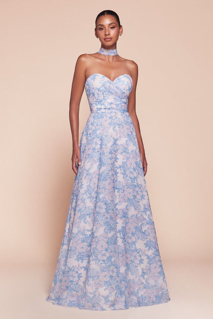 STRAPLESS A-LINE FLORAL SATIN DRESS 7443