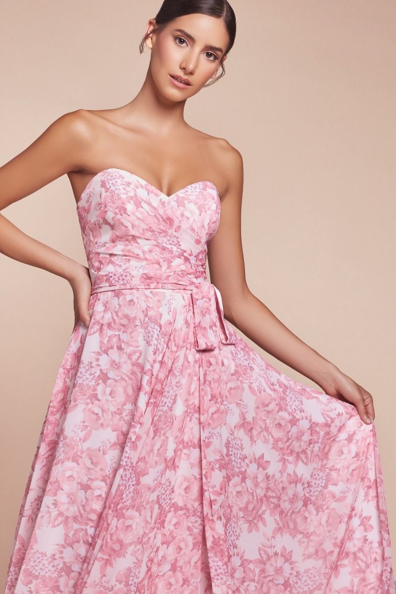 STRAPLESS A-LINE FLORAL SATIN DRESS 7443