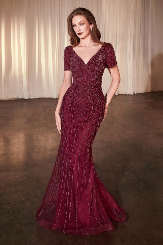 SHORT SLEEVE BEADED FIT &amp; FLARE GOWN CC4019