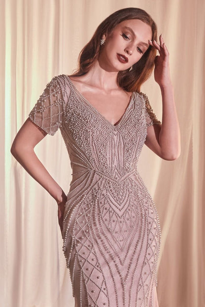 SHORT SLEEVE BEADED FIT &amp; FLARE GOWN CC4019