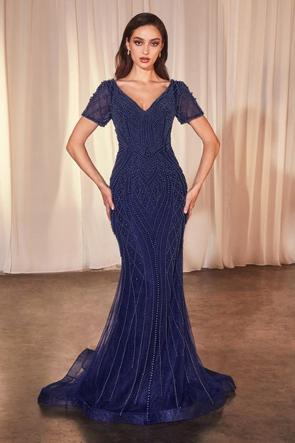 SHORT SLEEVE BEADED FIT &amp; FLARE GOWN CC4019
