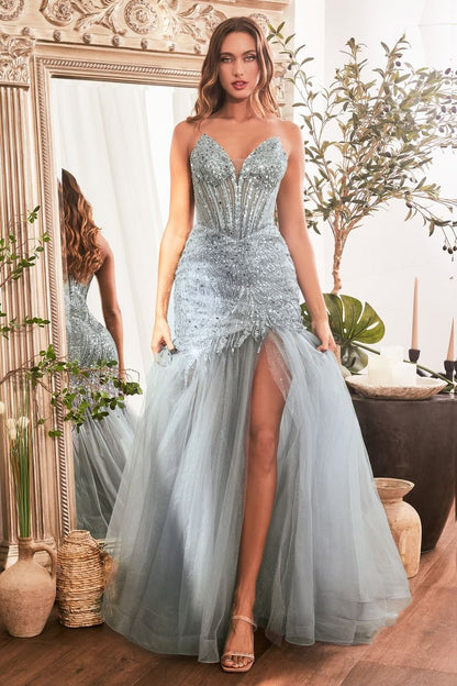 Sequin Corset Evening Gown with Thigh-High Slit