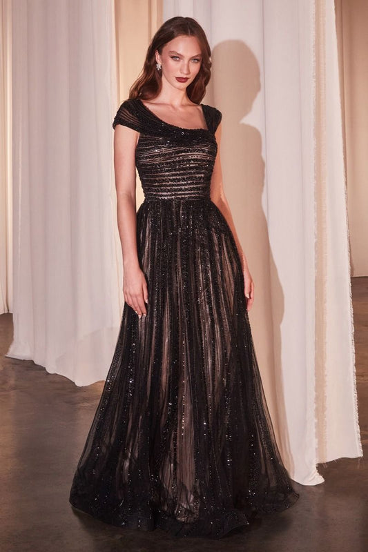 ASYMMETRICAL OFF THE SHOULDER A-LINE BEADED GOWN CD0238