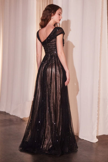 ASYMMETRICAL OFF THE SHOULDER A-LINE BEADED GOWN CD0238