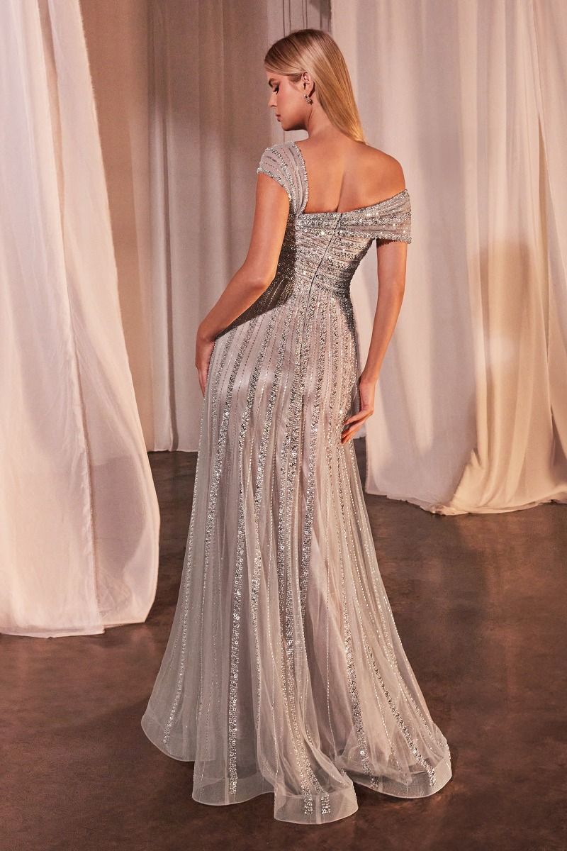 ASYMMETRICAL OFF THE SHOULDER A-LINE BEADED GOWN CD0238