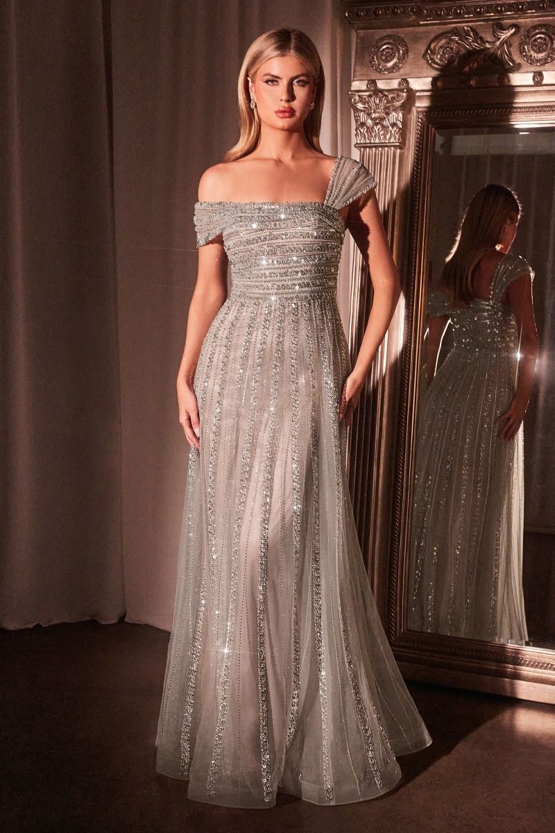 ASYMMETRICAL OFF THE SHOULDER A-LINE BEADED GOWN CD0238