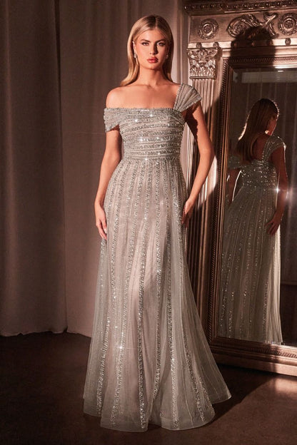 ASYMMETRICAL OFF THE SHOULDER A-LINE BEADED GOWN CD0238