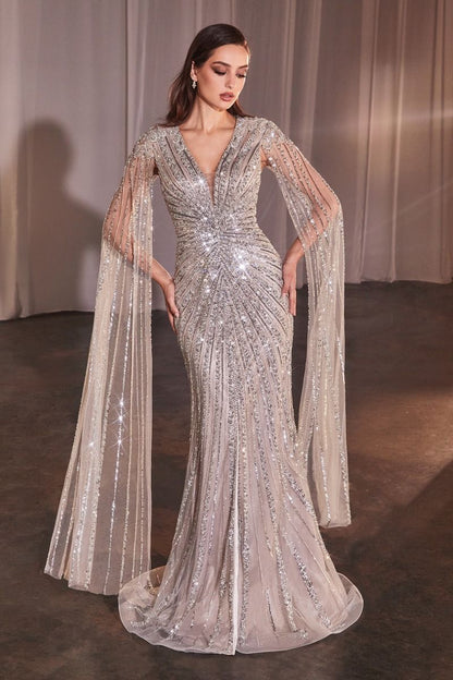 LONG SLEEVE FULLY BEADED SHEATH GOWN CD0239