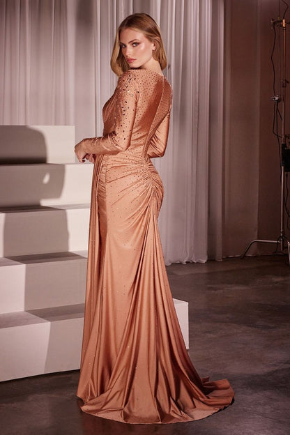 LONG SLEEVE STRETCH SATIN EMBELLISHED GOWN CD788