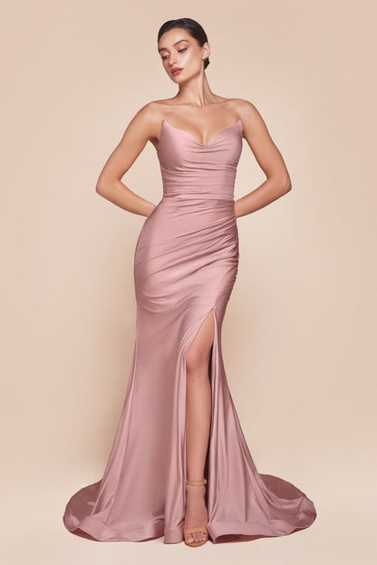 STRAPLESS STRETCH SATIN FITTED GOWN CD791