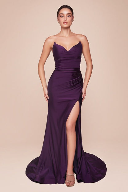 STRAPLESS STRETCH SATIN FITTED GOWN CD791