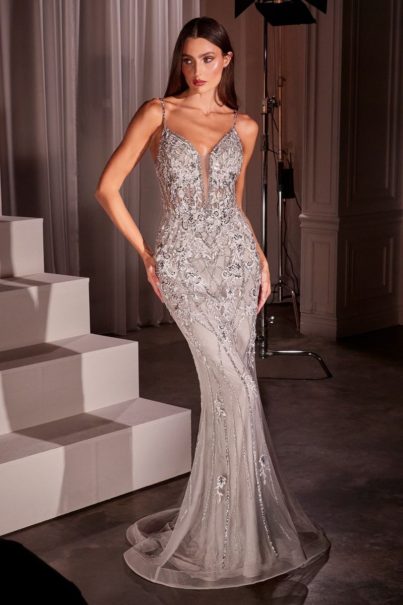 LACE &TULLE CRYSTAL EMBELLISHED FITTED GOWN CD795