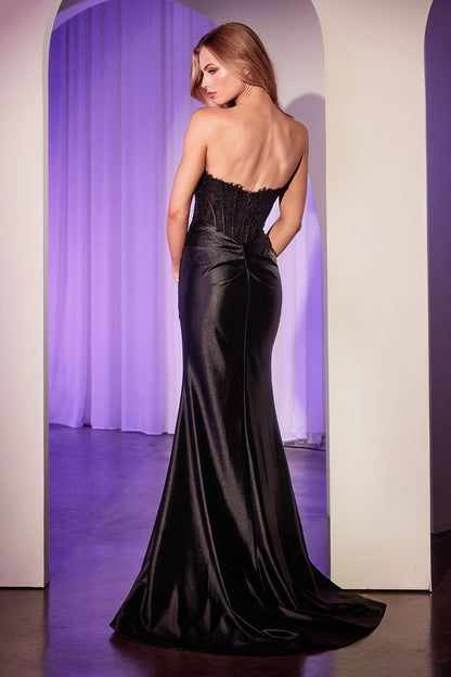SATIN STRAPLESS GOWN WITH LACE DETAILIING CD797
