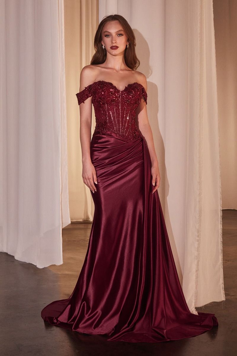 OFF THE SHOULDER LACE &amp; SATIN FITTED GOWN CD803