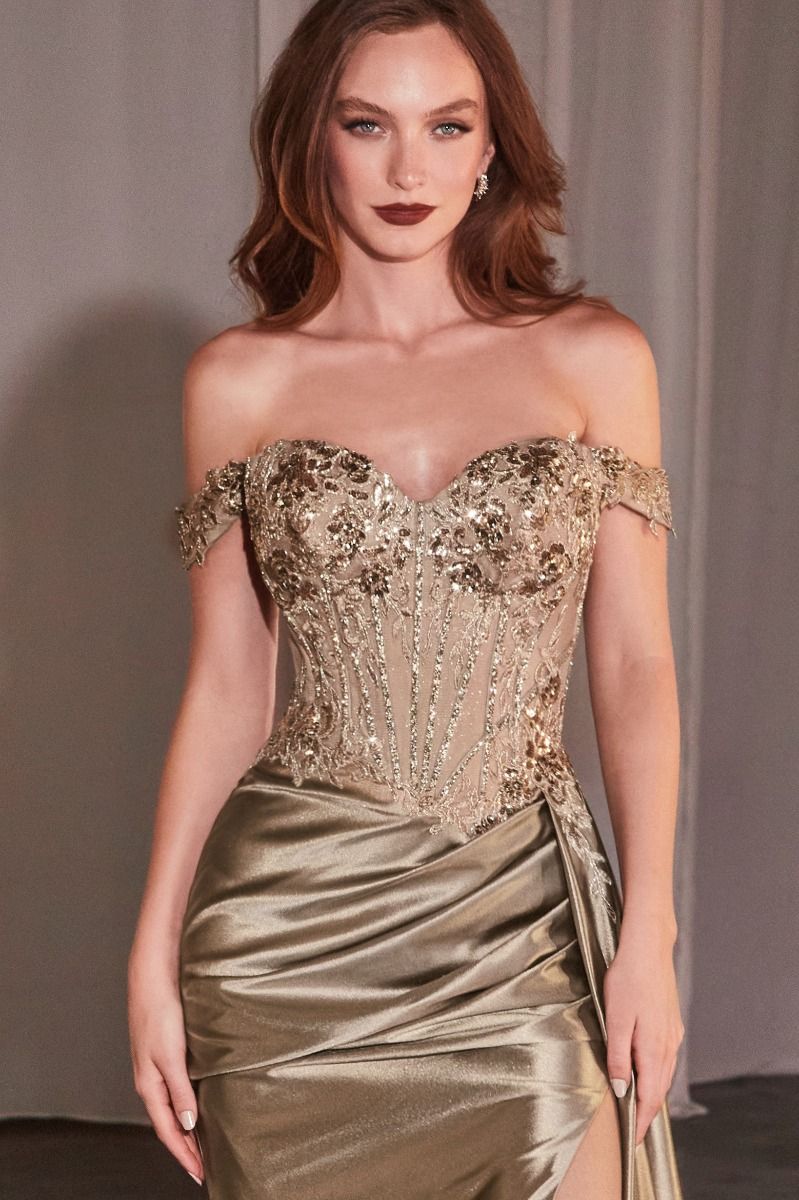 OFF THE SHOULDER LACE &amp; SATIN FITTED GOWN CD803